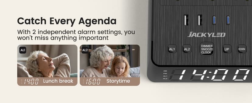 JACKYLED Alarm Clock with 4 USB Chargers Power Strip 3 Outlets 1700J Surge Protector Nightstand Dimmable Digital Clock with Dual Alarm and Snooze Function for Bedroom, Full Screen LED Display