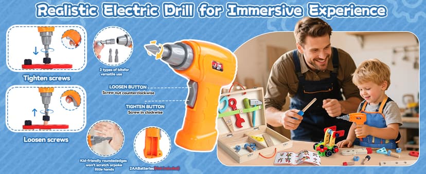 Kids Tool Set with Drill, Educational Montessori Toys for 3 Year Old Boys 44 Pcs STEM Kids Toys Wooden Toddler Tool Set with Apron & Box Christmas Birthday Gifts for 3 4 5 Year Old Boy Girl