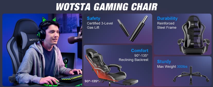 Gaming Chair with Footrest, Ergonomic Gaming Chair, Computer Chair with Lumbar Support, Headrest, Height Adjustable PC Chairs with 360° Swivel Seat for Office or Gaming BlackGrey