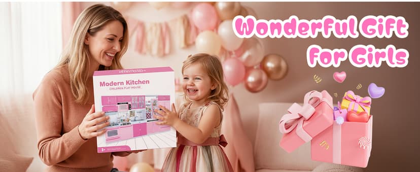 5 in 1 Kids Kitchen Playset Toys with Light & Sound, Doll House Furniture Accessories, 64 PCS Pretend Cooking Food Set, Play Kitchen for Toddlers, Gifts for Girl Ages 3-5 Year Old