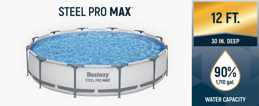 Bestway Steel Pro MAX 12' x 30" Above Ground Pool, Round Metal Frame Outdoor Swimming Pool Set with Filter Pump & Type III A/C Cartridge, Gray