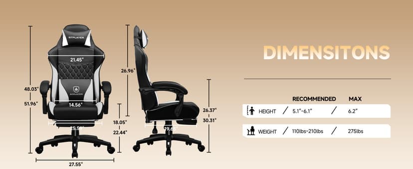 GTPLAYER Gaming Chair, High Back Leather Computer Gaming Chair with Footrest, Ergonomic Height Adjustable Office Chair with Removable Cover and Lumbar Support for Gaming and Work (WT)