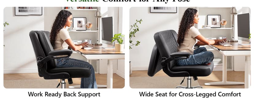 Criss Cross Office Chair with 2-in-1 Flip Backrest – Ergonomic PU Leather Floor Sitting Chair, Adjustable Height, 360° Swivel & Flip-Up Arms, Extra-Wide Seat for Home Office, Vanity, Nail Salon-Black