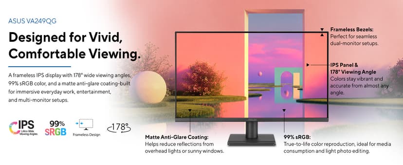 ASUS 24” 1080P Computer Monitor (VA249QG) – IPS, Full HD, 120Hz, 1ms, Adaptive-Sync, 99% sRGB, Speakers, HDMI, DisplayPort, VGA, Low Blue Light, Flicker-Free, VESA Mountable, 3yr Warranty