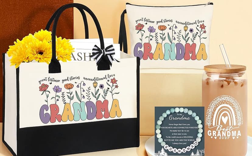 Grandma Gifts for Birthday Tote Bag Grandma Gifts Set from Granddaughter Grandson Grandchildren Grandkids Best Grandma Gifts Basket Tote Bag Makeup Bag 16 Oz Can Glass Bead Bracelet
