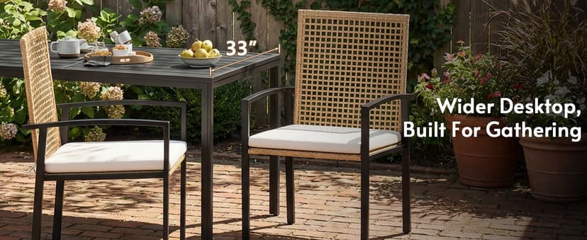 7-Piece Outdoor Dining Set for 6, Patio Dining Set with Hand-Woven Wicker Chairs & Cushions, 60" x 33" x 30" Wider Aluminum Woodgrain Table for Deck, Garden, Backyard