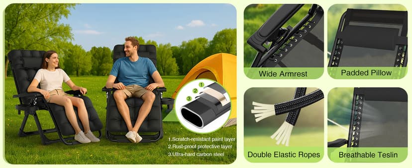 Suteck Zero Gravity Chair, Reclining Camping Lounge Chair w/Removable Cushion, Upgraded Lock and Cup Holder, Reclining Patio Chairs Folding Recliner for Indoor and Outdoor