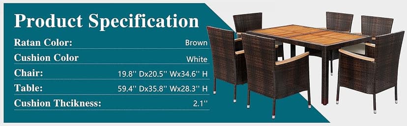Shintenchi 7 Piece Patio Dining Set, Wicker Patio Conversation Set with Wooden Table Top, Outdoor Table and Chairs with Soft Cushions for Backyard, Deck and Garden, Brown Rattan