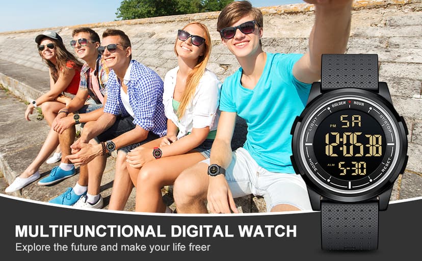 GOLDEN HOUR Ultra-Thin Minimalist Sports Waterproof Digital Watches Men with Wide-Angle Display Rubber Strap Wrist Watch for Men Women