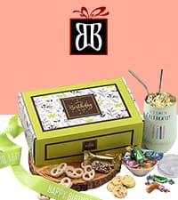Broadway Basketeers Birthday Gift Basket Tower – Snack Boxes with Gourmet Cookies, Chocolates & Popcorn – Happy Birthday Gifts for Women, Mom, Sister, Friends & Coworkers