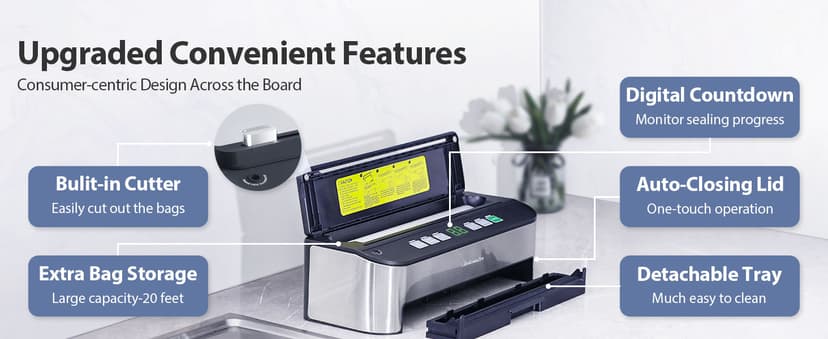 PressFree TRUE-Auto Vacuum Sealer Machine, Beelicious 85KPA Fully Automatic 8-IN-1 Food Sealer with Bags Storage, Build-in Cutter, Moist Mode and Air Suction Hose |Sous Vide | Digital Countdown