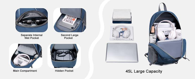 MIYCOO Backpack - Ultra Lightweight Packable Backpack for Travel Camping, 45L Hiking Back Pack Waterproof Foldable Daypack for Men Women Blue