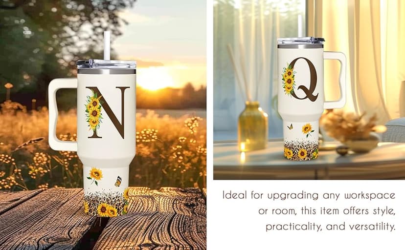 Personalized Birthday Gifts For Women - Sunflower Gifts For Women, Mom - Christmas Gifts For Womens, Mother's Day Gift For Mom, Boss - Monogrammed, Initial Tumbler Handle 40oz W Lids & Straws, K