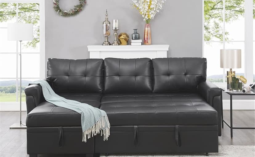Naomi Home Modern Sectional Sofa with Storage Chaise Black/Air Leather
