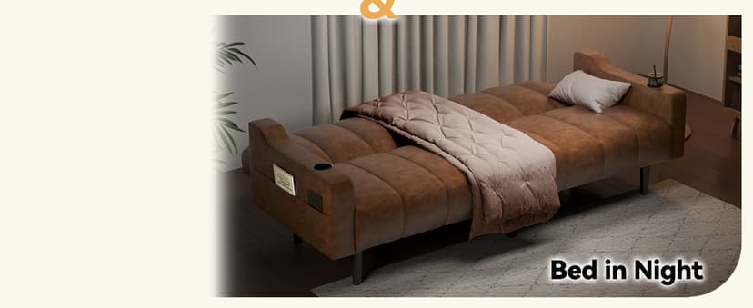 Brelice 80'' Leather Couch, Futon Sofa Bed, Faux Leather Couch with Adjustable Backrest, 2 Cup Holders & Side Pockets, Mid Century Modern Sofa for Living Room, Bedroom, Brown