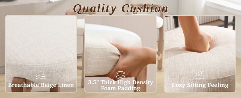 LukeAlon Mid Century Linen Counter Stools Set of 3, Upholstered 26.5" Seat Height Low Barstools with Natural Wood Legs Round Low Back Kitchen Stools with Footrest for Dining Room, Beige