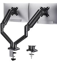 HUANUO FlowLift™ Dual Monitor Stand, Fully Adjustable Gaming Monitor Desk Mount for 13–32″ Computer Screens, Full Motion VESA 75x75/100x100 with C-Clamp & Grommet Base, Each Arm Holds 4.4 to 19.8 lbs