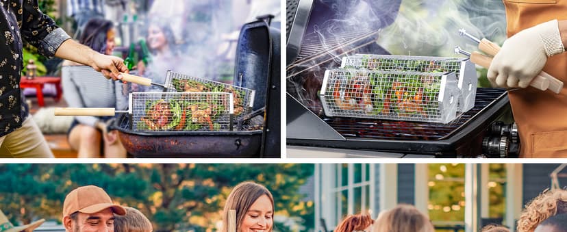 Rolling Grill Basket, Removable Wooden Handle, 304 Stainless Steel, Nesting Grilling Tools, Smoker BBQ Accessories for Vegetable, Outdoor Cooking Camping, Birthday Gifts for Men Dad Husband