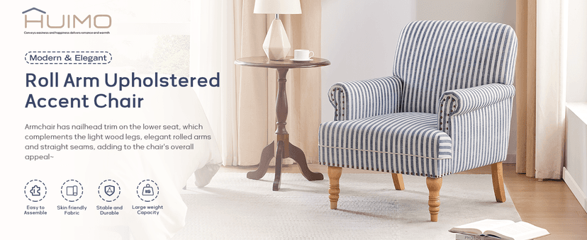 HUIMO Linen Fabric Accent Chair, Mid-Century Modern Armchair with Solid Wood Legs, Single Sofa Chair,Upholstered Reading Club Chair (1, Dark Blue and White Stripe)