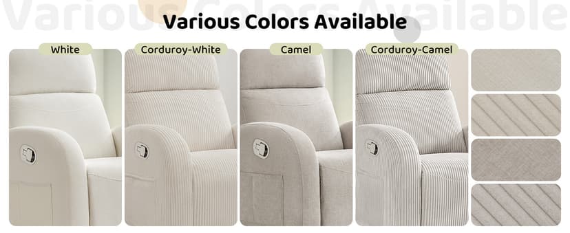 Rocking Recliner Nursery Chair, Swivel Recliner Glider for Nursery with 2 Pockets, Reclining Rocking Chair, Manual Recliners for Living Room, Bedroom, Cream White Chenille