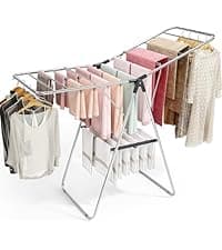 APEXCHASER Clothes Drying Rack with High Hanger, Foldable 3-Level Drying Racks with Shoe Rack, Crossbar and Vertical Rod Laundry Stand with Adjustable Wings Silver