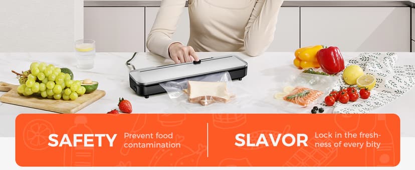 Vacuum Sealer Machine 75KPa Food with 6-in-1 Dry/Moist Modes & Digital Timer, Compact Lightweight Design, Built-in Cutter + 10 Bags (Black Silver)