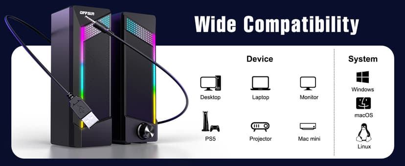 Computer Speakers, 2 in 1 PC Speaker , Gaming Speakers for PC Computer Laptop Desktop Monitor, RGB Speakers with Touch Sensitive Lighting, USB Powered 3.5mm Aux(Package Only Two Speaker, No Soundbar)