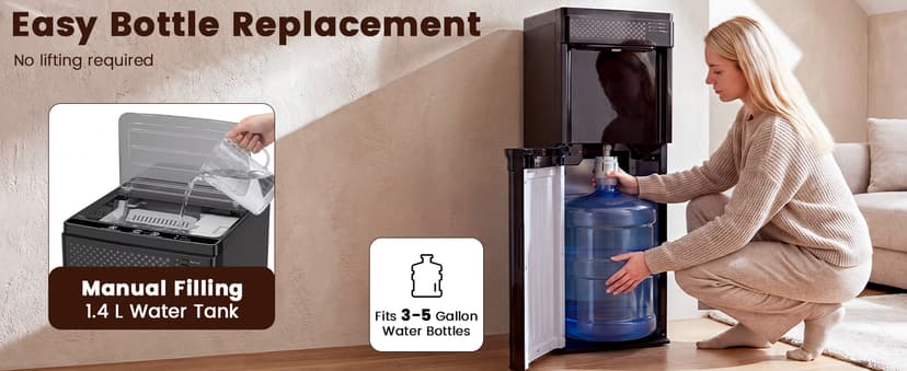 3 in 1 Water Cooler Dispenser with Ice Maker, Bottom-Loading Water Cooler Hot and Cold for Home & Office, 33lbs/24H Bullet Ice, Top Loading 3-5 Gallon, Child Safety Lock, Ice Ready in 7 Mins