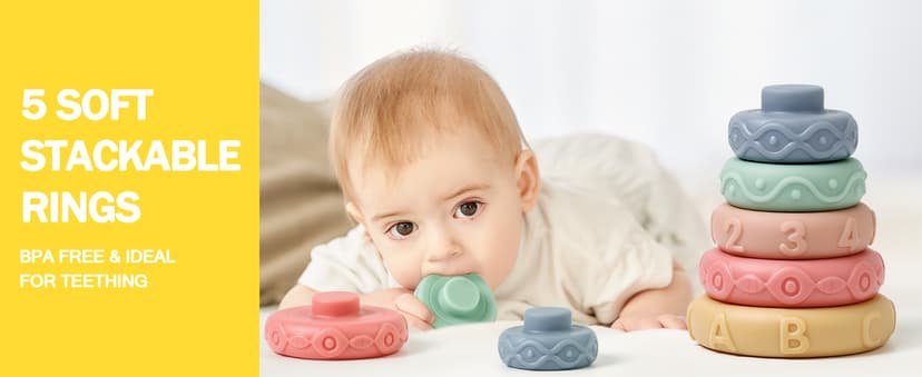 Jyusmile Baby Toys 6-12 Months, Montessori Toy for Babies 6-12 Months, Incl Stacking Building Blocks & Soft Infant Teething Toys & Sensory Balls for Toddlers 0-3-6-9-12 Month B0B2P5GK1Y