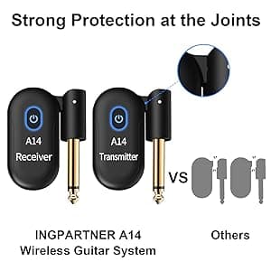 INGPARTNER A14 Wireless Guitar System 2.4GHz 2 Modes, Thumb-Size, 90° Rotatable, 100ft Range, Wireless Guitar Transmitter Receiver Plug & Play for Guitar, Bass, Violin, Keyboard - Black (1TX + 1RX)