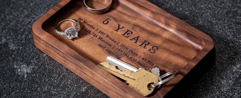 MUUJEE Ring Dish - Engraved Rectangle Wood Tray Small Jewelry Dish 5 Year Wedding Anniv Gifts Ideas (Small - 5.5 x 3.5 inches)