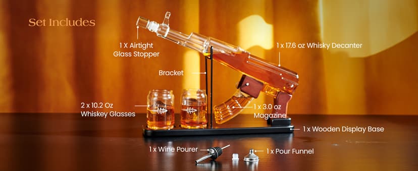 Kollea Birthday Gifts for Men Dad, Whiskey Decanter Sets - Gun Decanter, Detachable Magazine & 2 Bullet Shot Glasses, Liquor Dispenser for Bar, Anniversary Military Present for Brother, Christmas