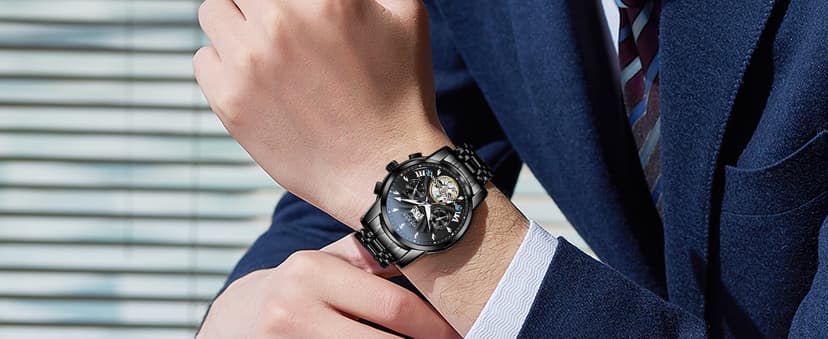 OLEVS Men Automatic Watch Stainless Steel Skeleton Mechanical Date Calendar Luxury Classic Business Waterproof Luminous Wrist Watches