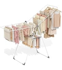 APEXCHASER Clothes Drying Rack with High Hanger, Foldable 3-Level Drying Racks with Shoe Rack, Crossbar and Vertical Rod Laundry Stand with Adjustable Wings Silver