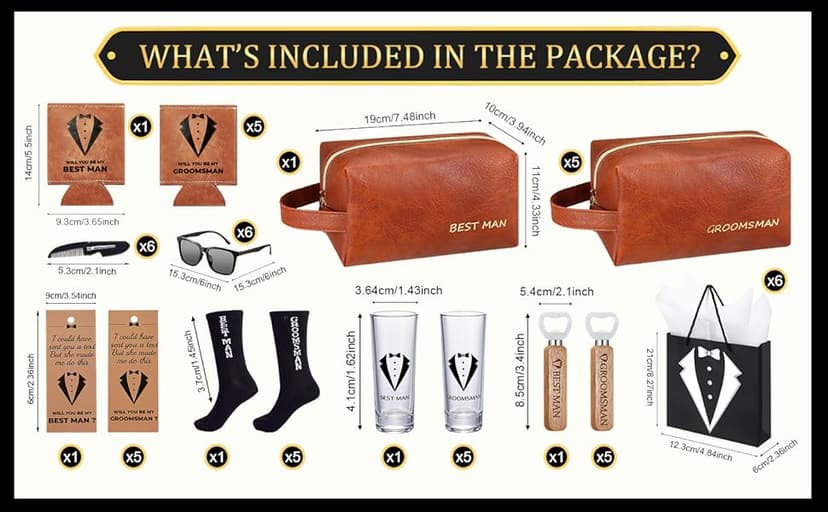 60Pcs Groomsmen Gifts Groomsmen Proposal Box with Shot Glasses Socks Sunglasses PU Leather Toiletry Bag Bottle Opener Can Cooler Groomsman Gifts for Wedding Groomsmen Best Man Gift (60, Brown)
