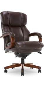 La-Z-Boy Delano Big and Tall Executive Office Chair - Ergonomic Lumbar Support Memory Foam - Bonded Leather Desk Chair for Home Office - Mahogany Wood Arms - Black