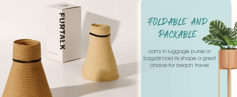 FURTALK Sun Hats for Women Wide Brim Beach Hat Straw Visor Ponytail Summer UV Packable Foldable Beach Vacation Essentials