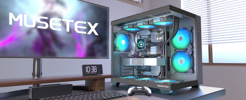 MUSETEX ATX PC Case, 3 x 120mm Fans Pre-Installed, 360MM RAD Support, 270° Full View Tempered Glass Gaming PC Case with Type-C, Mid Tower ATX Computer Case, Black, Y6