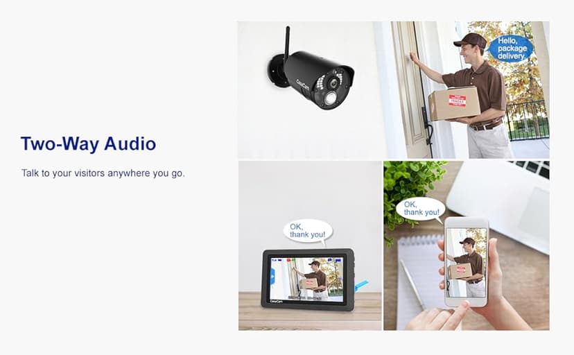 CasaCam Wireless Security Camera System | 7" Touchscreen Monitor and 2 720p Cameras | AC Powered, No Monthly Fees, Two-Way Audio, Free APP, Micro SD Card and Battery Installed, GuardianCam Air VS802