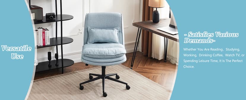 VINGLI Cloud Criss Cross Legged Chair,18" High Back Armless Home Office Desk Chair with Wheels,Wide Adjustable Comfy Padded Seat Task Computer Chair,Modern Swivel Makeup Vanity Chair,Fabric,Blue