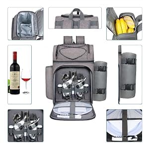 Hap Tim Picnic Basket Backpack for 2 Person with 2 Insulated Cooler Compartment, Wine Holder, Fleece Blanket, Cutlery Set, Gifts Ideals for Wedding, White Elephant, Bridal Showers, Christmas B09NLXDWYG