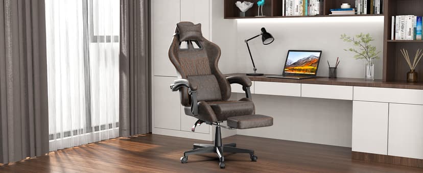 Ferghana Vintage PU Leather Gaming Chair, High Back Gamer Chair with Massage, Ergonomic Computer Office Chair with Footrest for Adults, Racing Style Reclining Video Game Chair Chestnut Brown