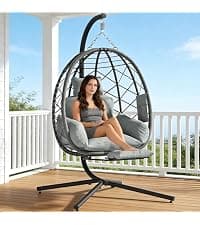 Suteck Double Hanging Egg Chair with Stand, Outdoor Indoor 2 Person Wicker Egg Swing Chair with Cushion, 700lbs Capacity for Patio, Bedroom, Garden - Black