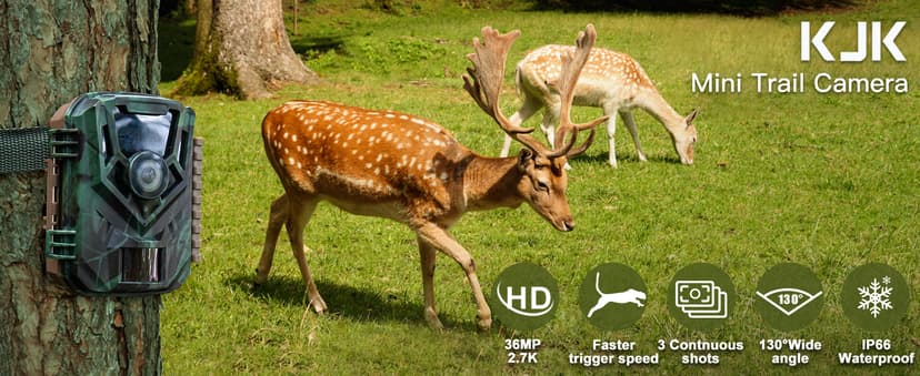 KJK Trail Camera 36MP 2.7K, Mini Game Camera with Night Vision 0.1s Trigger Time Motion Activated 130°Wide-Angle, Waterproof Trail Cam with 2.0” HD TFT Screen, Hunting Camera for Wildlife Monitoring