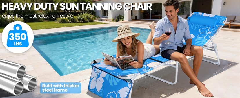 KingSom Sun Tanning Chair with Face Hole,Beach Lounge Chair with Folding Side Table,6-Position Recliner Chaise Lounge Chair,Pool Lounge Chair Outdoor Lay Flat with Pillow & Pocket,Max 350lbs-White
