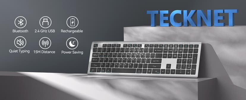 TECKNET Bluetooth Keyboard Rechargeable, 4-Device Free Switching (2.4G+BT), Ultra-Slim Full Size Wireless Keyboard, Quiet Typing, for PC/Laptop/Smart TV/Phone, Adjustable Stand, 12 Multimedia Keys