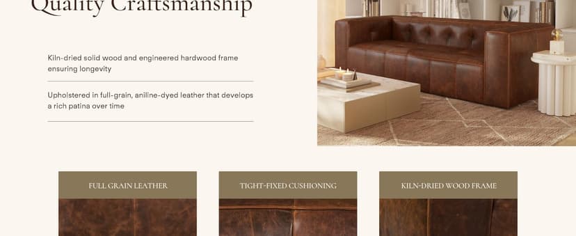 POLY & BARK Capa 96.5" Sofa – Chocolate Brown Full-Grain Pure-Aniline Italian Leather, Boxy Modern Design, Feather-Fiber Cushions, Solid Wood Frame