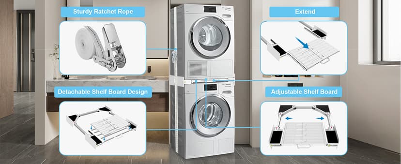 Kiss Core Washer Dryer Stacking Kit, Universal Washer Dryer Stacking Kit with Pull-Out Sliding Plate, Adjustable 29"-21" Stacking Kit for Washer and Dryer with Ratchet Strap