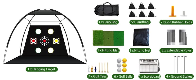 Golf Net, 10x7 Ft Practice Hitting Golf Net with Tri-Turf Mat, Ball, Tee, and Carring Bag, All-in-One Multi-Target Training Aid for Outdoor/Indoor Chipping & Driving, Ideal Gift for Men/Enthusiasts