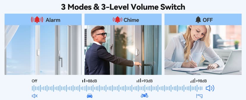 TECKNET Door Alarms for Kids Safety, Window Alarm Pool Alarms Door Alarm for Home Security, 2-in-1 Alarm & Chime, 3-Level Volume Control, Wireless Alarm for House Hotel Cars Sheds Caravans (3 Pack)